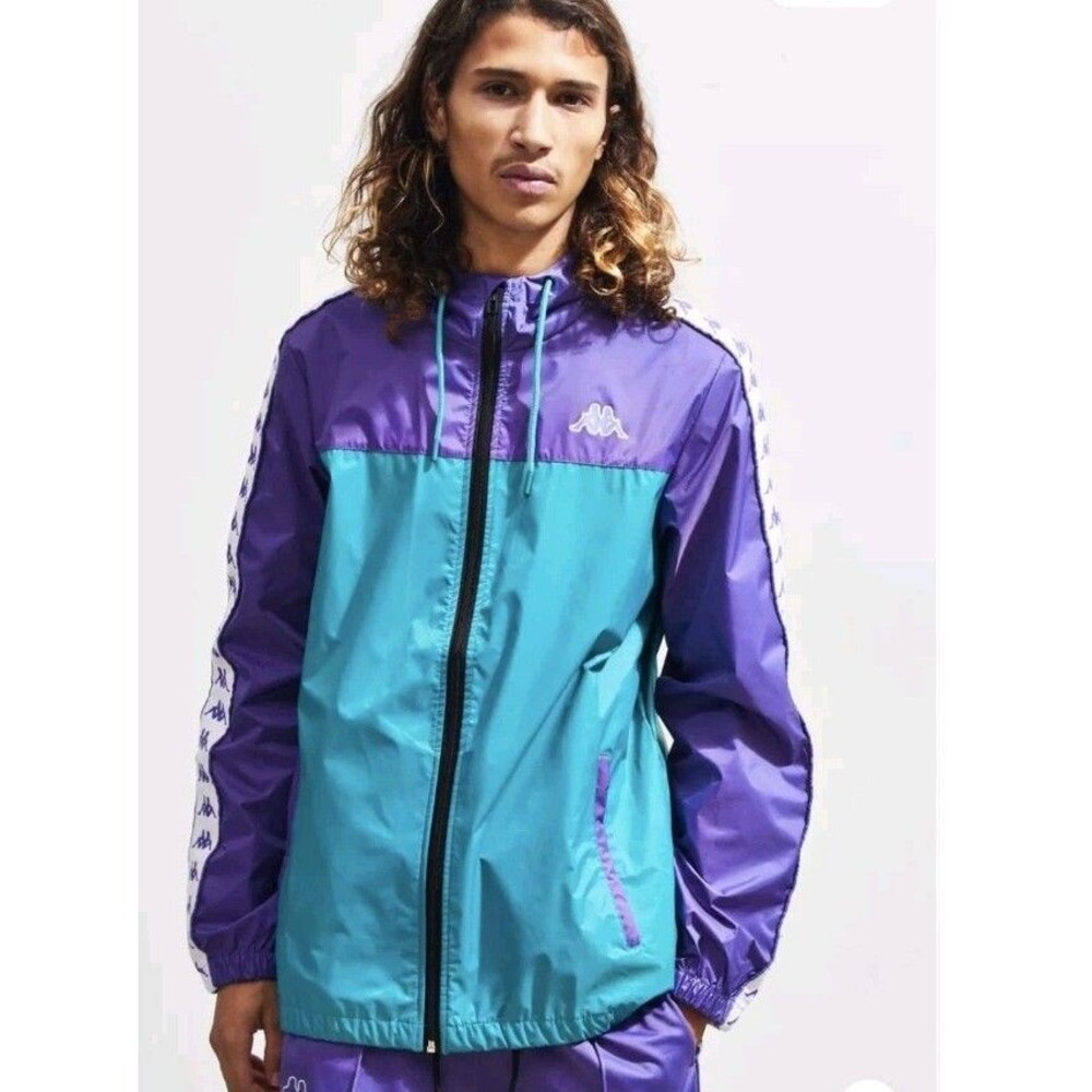 Kappa Men's Purple Teal Colorblock Hooded Windbreaker Jacket Sz S GUC
